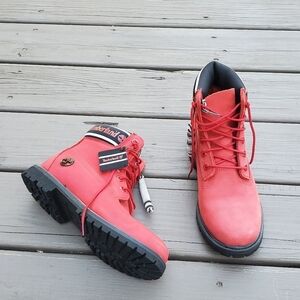 Timberland Premium 6" Red Nubuck Logo Spellout Limited Edition RARE HTF Boots